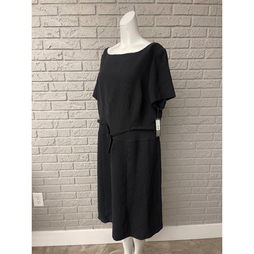 NWT Tahari Women ASL Black Pinstriped Square Neckline Short Sleeve Self-Belted M - Picture 3 of 8